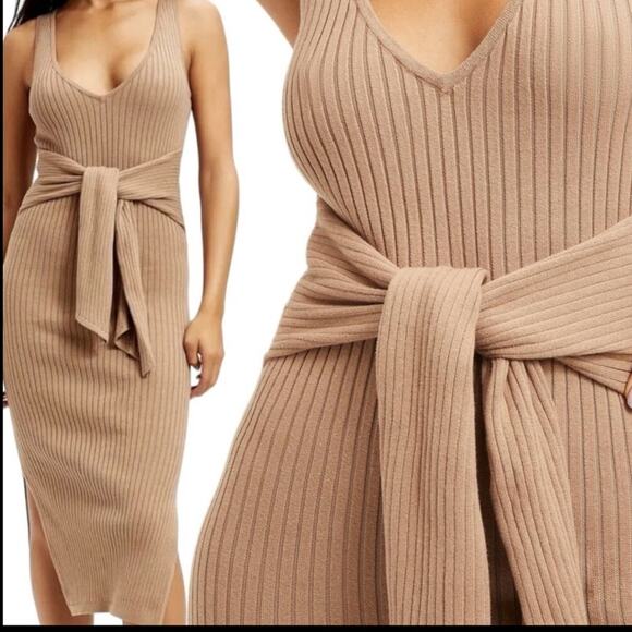 Good American Sleeveless NWT Belted Body Dress Ribbed Knit Midi Taupe Size Small - Picture 8 of 8